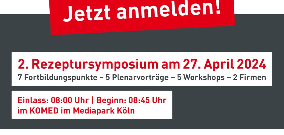 Rezeptursymposium 2024: Jetzt Anmelden und Fortbildungspunkte Sammeln! Am 27. April 2024 findet das 2. Rezeptursymposium in Köln statt. Organisiert unter dem Motto "Effizient und sicher im Rezepturalltag", bietet das Event eine einzigartige Gelegenheit für Pharmazeuten und Apothekenmitarbeiter, ihr Wissen zu erweitern und neue Fähigkeiten zu erlernen. Veranstaltungsdetails Datum: 27. April 2024 Ort: KOMED, Mediapark Köln Einlass: 08:00 Uhr Beginn: 08:45 Uhr Anmeldung über rezeptursymposium.de