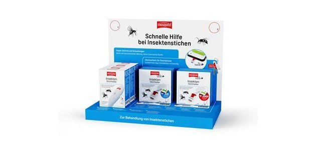Blau7weißes HV-Display mit verschiedenen Insektenstichheilern der Firmen WEPA und Heat it