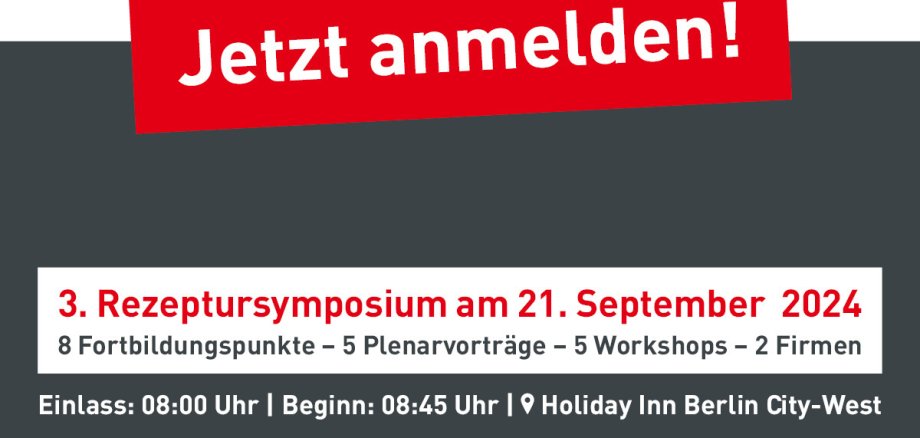 Rezeptursymposium 2024: Jetzt Anmelden und Fortbildungspunkte Sammeln! Am 21. September 2024 findet das 3. Rezeptursymposium in Berlin statt. Organisiert unter dem Motto "Effizient und sicher im Rezepturalltag", bietet das Event eine einzigartige Gelegenheit für Pharmazeuten und Apothekenmitarbeiter, ihr Wissen zu erweitern und neue Fähigkeiten zu erlernen. Veranstaltungsdetails Datum: 21. September 2024 Ort: Holiday Inn Berlin City-West Einlass: 08:00 Uhr Beginn: 08:45 Uhr Anmeldung unter rezeptursymposium.de