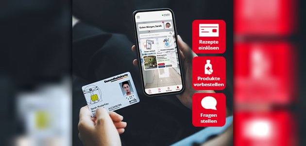 Eine Person, die in der Hand ein Handy hält. Auf dem Handy ist die App geöffnet, In der anderen Hand hält sie eine Krankenversicherungskarte. Rechts sind drei untereinander geführte rote Kasten. 