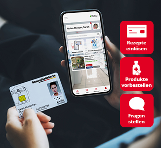 WEPA Shop Banner E-Rezept  Eine Person, die in der einen Hand ein Handy hält. Auf dem Handy ist die App geöffnet. In der anderen Hand hält sie eine Krankenversicherungskarte. Rechts sind drei untereinander angeordnete rote Kästen.