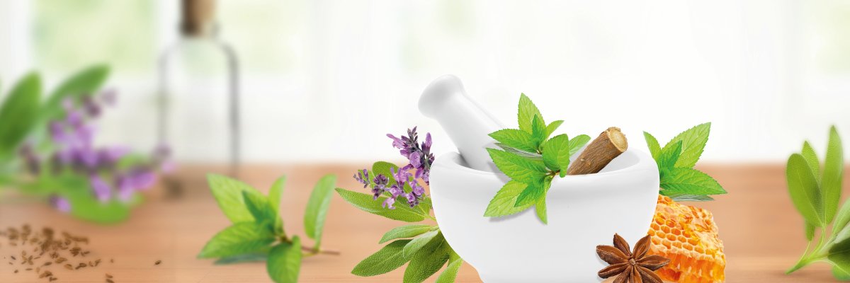 Schale und Mörser Schale und Mörser mit Salbeiblättern und Blüte