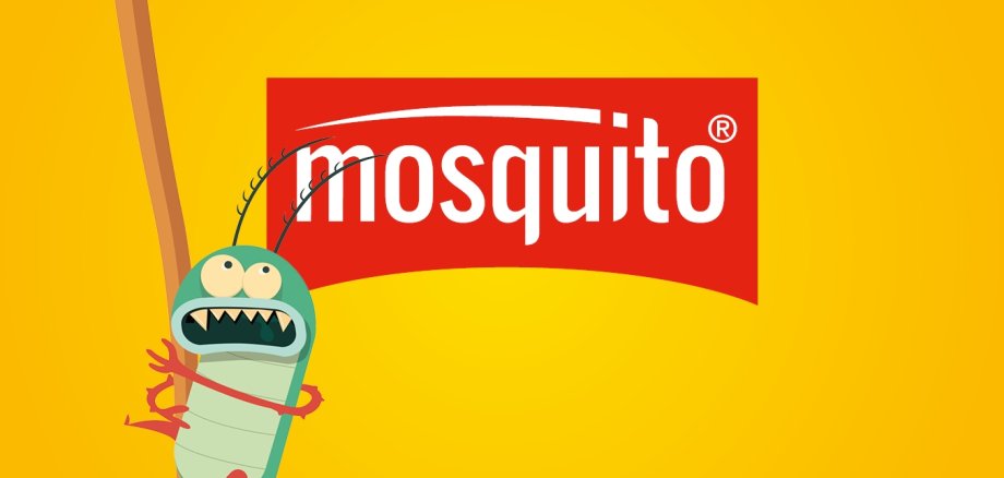 mosquito Schriftzug mit gelben Hintergrund und Karikaturmücke