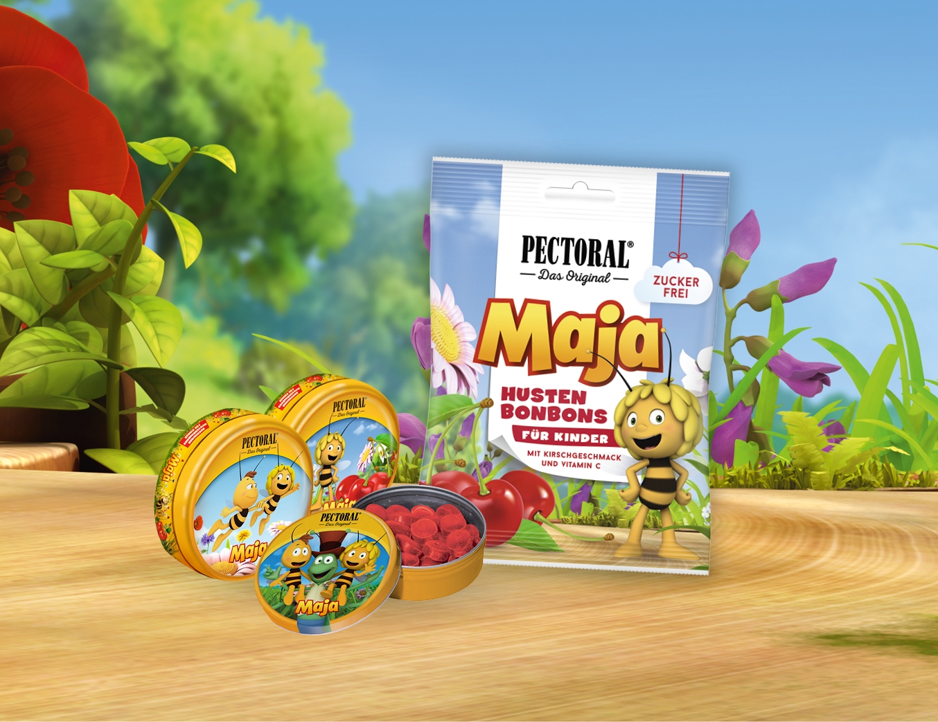 PECTORAL Maja Hustenbonbons mit Biene Maja Karikatur auf der Verpackung