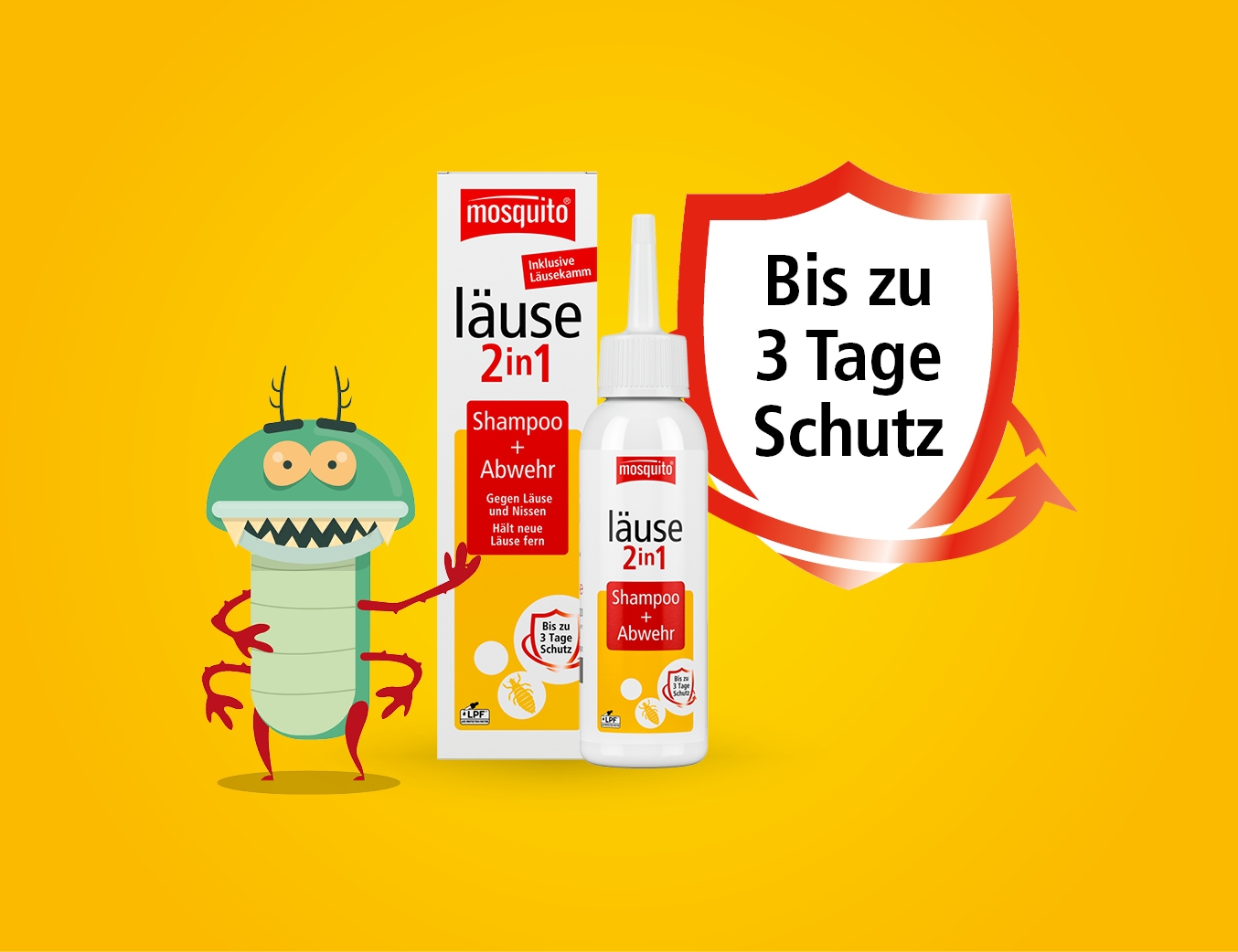 mosquito Läuse 2 in 1 Shampoo. Verpackung und Flasche dargestellt auf gelben Hintergrund. Ein Moskito in Karikatur wird dargestellt neben der Verpackung.