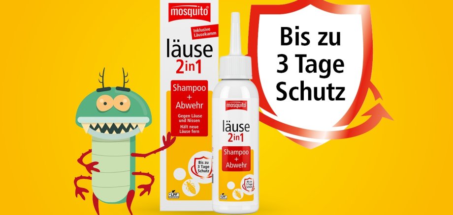 mosquito Läuse 2 in 1 Shampoo. Verpackung und Flasche dargestellt auf gelben Hintergrund. Ein Moskito in Karikatur wird dargestellt neben der Verpackung.