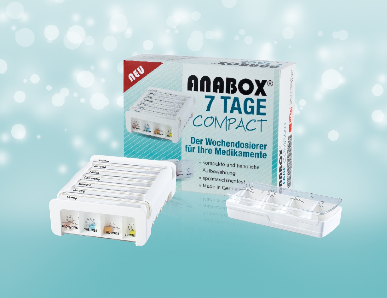 Anabox 7 Tage Kompakt. Darstellung Verpackung und Dosierer mit Tabletten