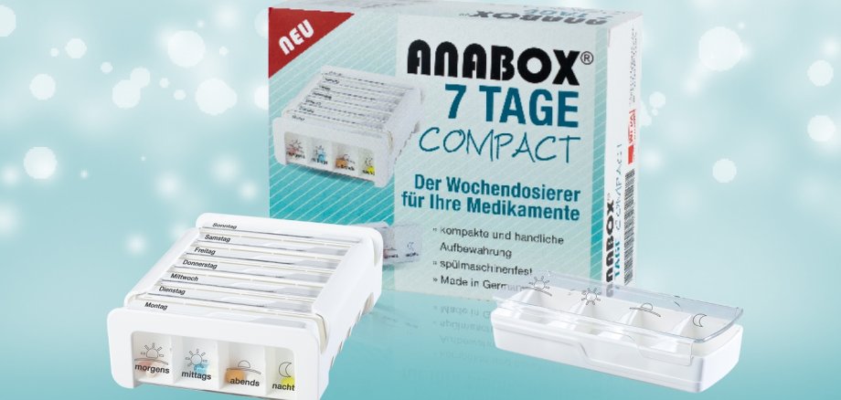 Anabox 7 Tage Kompakt. Darstellung Verpackung und Dosierer mit Tabletten