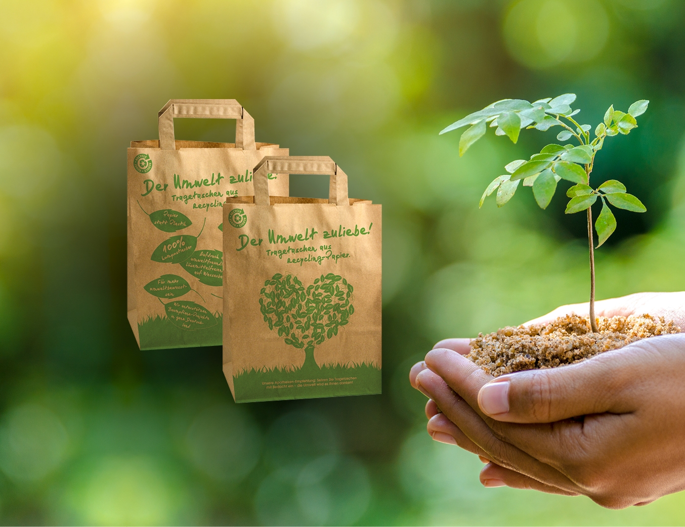  Zwei Papiertragetaschen Herzbaum . Zwei Hände die einen kleinen Baum halten.