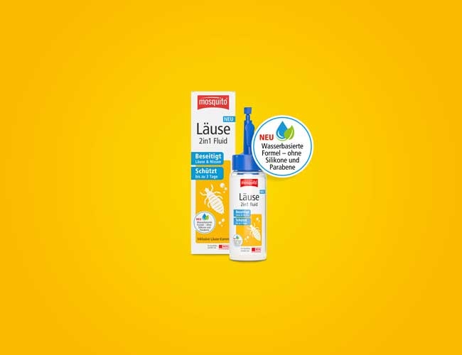 mosquito Läuse 2 in 1 Fluid. Verpackung und Flasche mit Schriftzug auf gelben Hintergrund dargestellt.