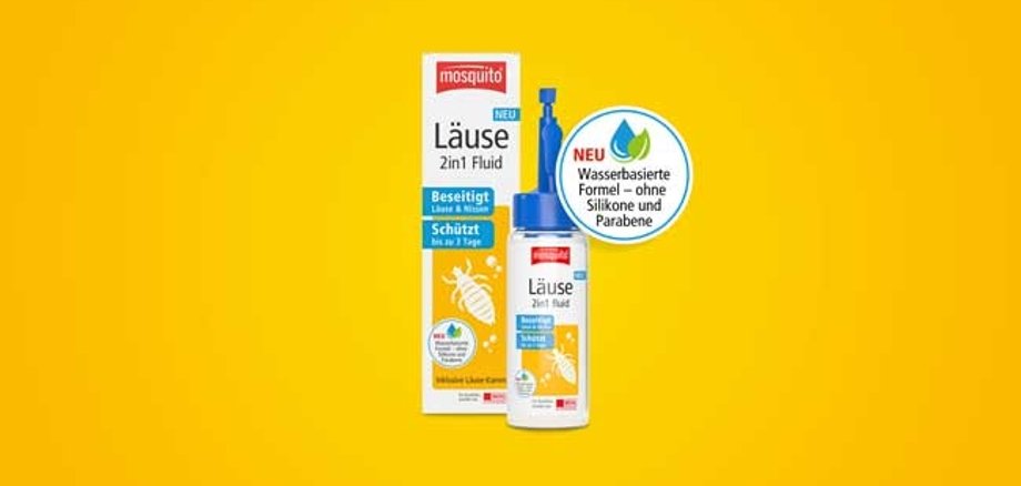 mosquito Läuse 2 in 1 Fluid. Verpackung und Flasche mit Schriftzug auf gelben Hintergrund dargestellt.