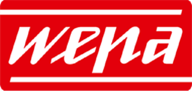 Das WEPA Logo 1957. Weißer Schriftzug mit rotem Hintergrund in rechteckigen Format.