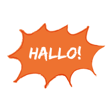 Orangefarbene Spracheblase: "Hallo!"