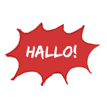 Hellrote Sprechblase: "Hallo!"