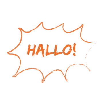 Hellrote Schrift in Sprechblase: "Hallo!"