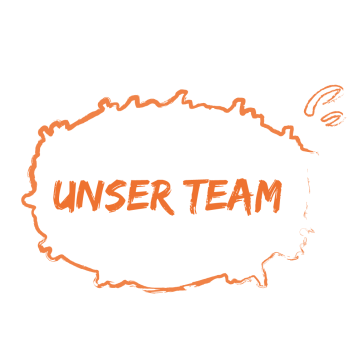Hellrote Schrift in Sprechblase: "Unser Team"