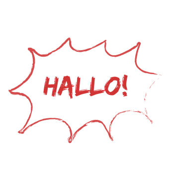 Rote Schrift in Sprechblase: "Hallo"