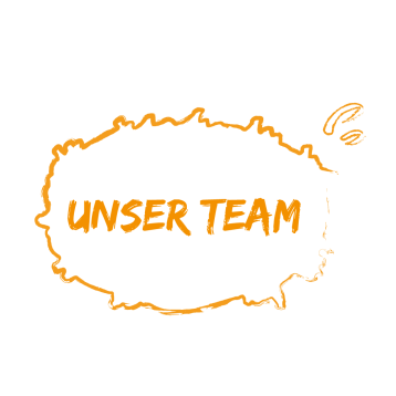 Orangene Schrift in Sprechblase: "Unser Team"