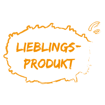 Orangene Schrift in Sprechblase: "Lieblingsprodukt"