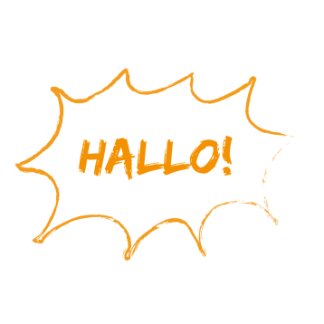 Gelbe Schrift in Sprechblase: "Hallo!"