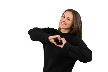 Sarah Hussein, Außendienst, mit Herz-Handzeichen Sarah Hussein, Außendienst, mit Herz-Handzeichen