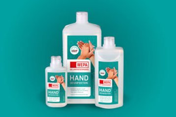 WEPA Die Apothekenmarke Handdesinfektion in drei Behältergrößen