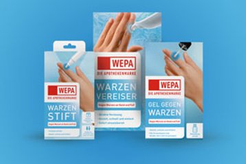 WEPA Die Apothekenmarke Warzenvereise, Warzengel und Warzenstift in Verpackung dargestellt