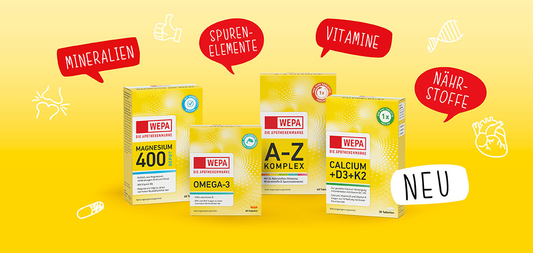 Nahrungsergänzungsmittel von WEPA Die Apothekenmarke in den gelben Verpackungen dargestellt