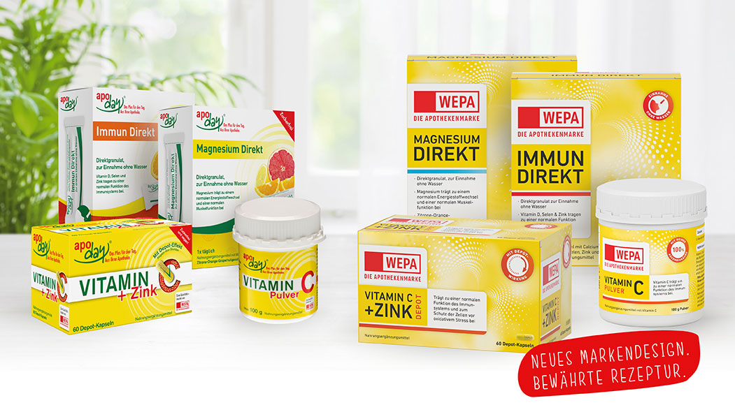 Die Produkte von apoday und WEPA- Die Apothekenmarke sind zu sehen, wie : Immun Direkt und Vitamin C +Zink, Magnesium Direkt