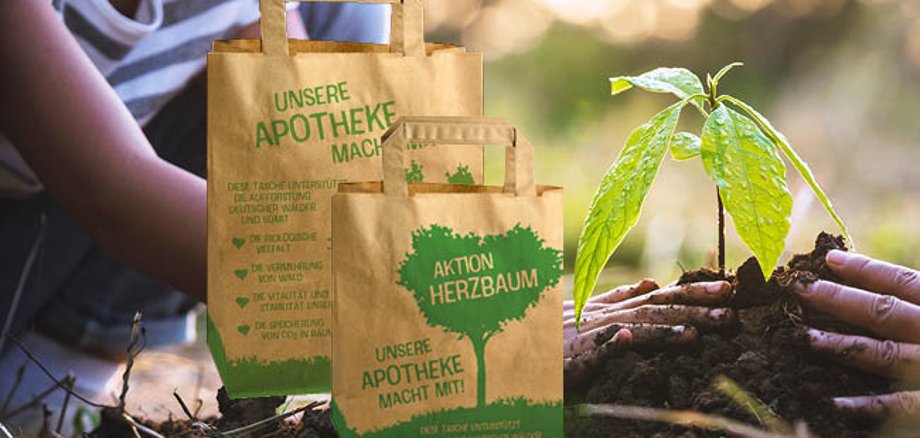 2 Tragetaschen von Aktion Herzbaum vor einer Hand die eine Pflanze in die Erde setzt
