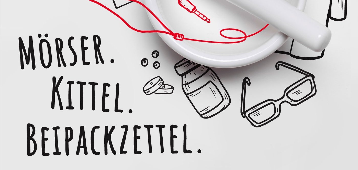 Podcast Mörser. Kittel. Beipackzettel mit Schriftzug, Mörser und Kopfhörern dargestellt