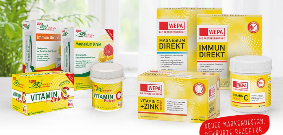 Die Produkte von apoday und WEPA- Die Apothekenmarke sind zu sehen, wie : Immun Direkt und Vitamin C +Zink, Magnesium Direkt