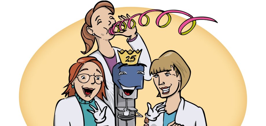 Drei Apothekenmitarbeiterinnen im Comic Style mit einem TOPITEC und Luftschlangen feiern mit einer Torte 25 Jahre TOPITEC