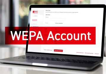 Ein Laptop ist zu sehen, in der Mitte befindet sich ein rotes Kästchen mit dem Schriftzug 'WEPA Account'.