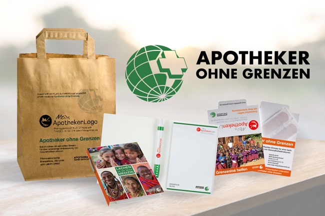 Apotheker ohne Grenzen Informationsmaterial und eine nachhaltige Tragetasche der WEPA ist zu sehen. 